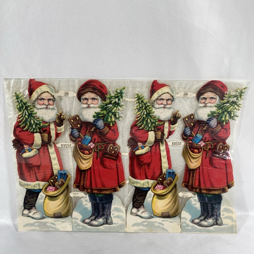 Vintage PZB Germany 4 Embossed Santa w/ Toys Christmas Die Cuts 9.5” # 33551